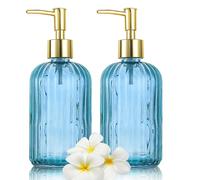 HIYAA Glass Soap, Versatile 14 Oz Dripless Pump Bottle, Refillable Liquid Hand Jar Dispenser for Bathroom, Countertop, Kitchen, Laundry Room (Blue, 2 Pack)