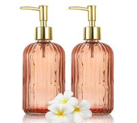 HIYAA Glass Soap, Versatile 14 Oz Dripless Pump Bottle, Refillable Liquid Hand Jar Dispenser for Bathroom, Countertop, Kitchen, Laundry Room (Amber, 2 Pack)
