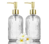 HIYAA Glass Soap, Versatile 14 Oz Dripless Pump Bottle, Refillable Liquid Hand Jar Dispenser for Bathroom, Countertop, Kitchen, Laundry Room (Clear, 2 Pack)