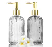 HIYAA Glass Soap, Versatile 14 Oz Dripless Pump Bottle, Refillable Liquid Hand Jar Dispenser for Bathroom, Countertop, Kitchen, Laundry Room (1Clear,1 Grey, 2 Pack), GC