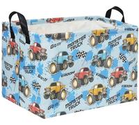 HIYAGON Rectangular Monster Truck Basket for Kids - Cute Toy Storage Organizer Bin Box - Monster Truck Room Decor (Red, Canvas, Metal)