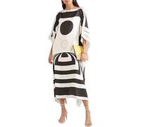 Hiyan Creation Black & White Printed Softy Silk Modest Wear Kaftan for Women,Beach Dress,Maxi Dress,Caftan,Birthday,Crew Neck Style,RegularWear Kaftan, Multicolor, One Size