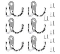 Hiyouer 6 PCS Dual Coat Door Hooks, Double Prong Wall Mounted Hooks with 16 PCS Screws for Hanging Hat Tie Clothes Towel Metal Retro Cloth, Chrome Hanger for Bedroom Bathroom Kitchen,Silver