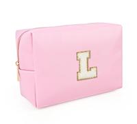 Hiyouer Personalized Initial Makeup Cosmetic Bag, Women Girls Gifts Preppy Stuff PU Leather Waterproof Makeup Pouch Make up Bags with Chenille Letter, Pink L