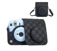 HIYQIN Camera Case Compatible with Fujifilm Instax Instant Mini 12, Checkerboard Style Camera Carry Bag for Fuji Instax Mini 12 with Strap - Classic Black