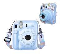 HIYQIN Clear Case Compatible with Fujifilm Instax Mini 12 Instant Camera, Polaroid Camera Fuji Mini 12 Hard Cover with DIY Sticker and Shoulder Strap - Blue