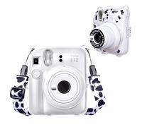 HIYQIN Clear Case Compatible with Fujifilm Instax Mini 12 Instant Camera, Polaroid Camera Fuji Mini 12 Hard Cover with DIY Sticker and Shoulder Strap - Cow
