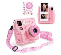 HIYQIN Mini SE Camera Case, Hard Clear Case for Fujifilm Instax Mini SE Instant Camera, Mini SE Plastic Cover with Cute Sticker and Shoulder Strap - Pink Hey Cat