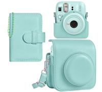 HIYQIN Protective Case for Instax Mini 13 12 Instant Camera Accessories Kit | PU Leather Cover with Photo Pocket, 32 Pocket Photo Album, Carrying Bag with Adjustable Shoulder Strap, Magnetic Flip (Green)