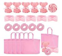 HiyyFloy 20 Pcs Pink Spa Sleepover Party Supplies Include Bow Headband Sleep Bear Bath Towel Scrunchies Gift Bags for Women Girls Slumber Party Favors