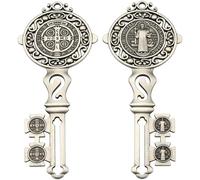 HiyyFloy 2pcs Metal Medalla De Benito Key Wall Pendant St Benedict Medals Key Statues for Catholic Home Decor Art Door Hanger House Blessing Protection
