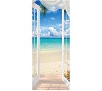 HiyyFloy 3d Door Mural Sticker for Interior Doors, Sea View Beach 3d Door Mural Sticker Self Adhesive Summer Landscape Door Sticker