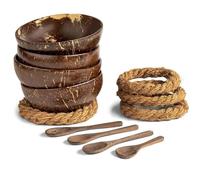 HiyyFloy 4 Pack Coconut Bowls with 4 Wooden Spoon, Wood Bowl, Polished Coconut Bowls, Natural Coconut Shell Bowls Set for Vegan Organic Salad, or Buddha Bowls, Kitchen Storage