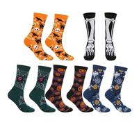 HiyyFloy 5 Pairs Mens Halloween Socks Novelty Fun Holiday Ghost Skeleton Bats Spider Web Printed Crew Socks for Men Women