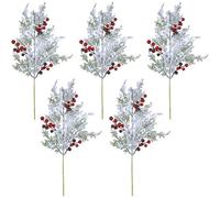 HiyyFloy 5 Pcs Christmas Floral Pine Cones for Crafts White Red Berry Stems Artificial Pine Branches with Snowflakes Flocked Holly Holiday Floral Picks for Diy Xmas Tree Winter Decor