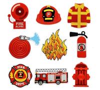 HiyyFloy 9pcs Firefighter Iron on Patches Cartoon Firetruck Fire Extinguishers Helmet Sew on Repair Embroidered Applique Firefighting Role Play Costume Diy Craft Gift for Clothing Backpack Hat