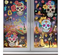 HiyyFloy 9pcs Mexican Dia De Los Muertos Window Stickers Halloween Window Decorations with Sugar Skull Skeleton Gnome Flowers Design Decals Day of the Dead Party Supplies