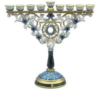 HiyyFloy Artistic Chanukah Candle Menorah Elegantly Jeweled and Gold Plated Tree Fleur De Lis Menora for Hanukkah