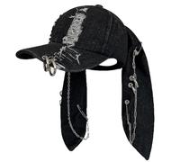 HiyyFloy Cute Bunny Hat with Ears Y2k Grunge Metal Iron Ring Chain Distressed Denim Baseball Cap