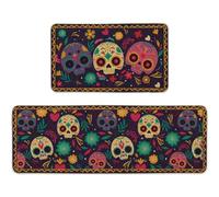 HiyyFloy Mexican Skull Kitchen Mat Set of 2, Sugar Skull Day of the Dead Kitchen Rug, Día De Los Muertos Floor Mat, Halloween Kitchen Decor Home Decorations