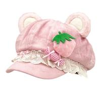 HiyyFloy Sweet Lolita Beret Hat Women Winter Lace Berets Cute Bear Ear Beanie Cap Lace Strawberry Painter Hats Kawaii Hair Accessories