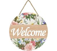 HiyyFloy Welcome Spring Summer Flower Round Rustic Home Decor Vintage Farmhouse Wood Wall Hanging Art, Family Signs Wooden Signs for Home Front Door Porch