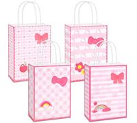 HIYZI 24 PCS Pink Kitty Themed Party Paper Bag Set Cute Cat Gift Bags Pink Bow Dot Flower Rainbow Candy Treat Bags Birthday Goodie Bags for Baby Shower Party Decoration Supplies