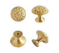 HIZEFSOO 4PCS Gold Brass Drawer Knobs, Solid Copper Gold Brass Cabinet Knobs Decorative Knob Vintage Antique Flower Round Brushed Gold Solid Copper Drawer Cabinet Dresser Knob Pull Handle