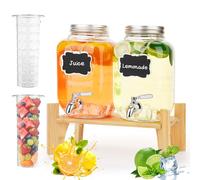 Hiziwimi 4L×2 Glass Beverage Dispenser with Tap, Glass Drink Dispenser with bamboo stand, Cover Wide Mouth Iced Drink Jar with Tap Iron Holder, for Juice Water Homemade Tea Drinks