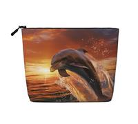 HJBNW Travel Makeup Bag for Women Large Capacity Cosmetic Bags Waterproof Portable Toiletry Bag Dolphin Leaps into the Sea Make Up Bags with Zipper Aesthetic Makeup Organizer for Ladies Gift, Black