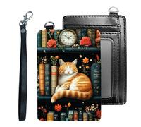 HJCYXJLK Credit Holder Slim Wallet, PU Leather RFID Blocking, Women & Men Front Pocket Small Card Holder, Credit Card Wallet with Wristlet, Convenient Travel Business-22, Cat Bookshelf Nook, Modern