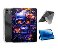 HJCYXJLK for iPad Pro 11 2024 Case,Foldable Y-Fold Cover with Pencil Slot,Multi-Angle Stand,Auto Sleep/Wake Protective Case for iPad Pro 11 2024,Flame Skull Bloom