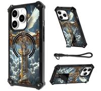 HJCYXJLK for iPhone 14 Pro Case, Heavy Duty Shockproof Bumper Cover, Magnetic Back & Kickstand, Wrist Strap, Rugged Protective Phone Case for iPhone 14 Pro, White Dove Cross
