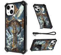 HJCYXJLK for iPhone 15 Case, Heavy Duty Shockproof Bumper Cover, Magnetic Back & Kickstand, Wrist Strap, Rugged Protective Phone Case for iPhone 15, White Dove Cross