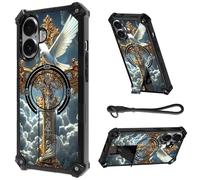 HJCYXJLK for iPhone 16 Plus Case, Heavy Duty Shockproof Bumper Cover, Magnetic Back & Kickstand, Wrist Strap, Rugged Protective Phone Case for iPhone 16 Plus, White Dove Cross