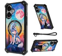 HJCYXJLK for iPhone 16 Plus Case, Heavy Duty Shockproof Bumper Cover, Magnetic Back & Kickstand, Wrist Strap, Rugged Protective Phone Case for iPhone 16 Plus, Wolf Moon Serenade