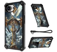 HJCYXJLK for iPhone 16E Case, Heavy Duty Dual-Layer Shockproof Bumper Cover, Magnetic Back & Kickstand, Wrist Strap, Rugged Protective Phone Case for iPhone 16E, White Dove Cross