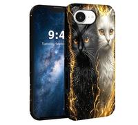 HJCYXJLK for iPhone 16E Case,Shockproof Dual Layer Silicone, Glossy Hard Shell with Golden Twin Cats Cover,Wireless Charging Compatible,Durable Protection for iPhone 16E