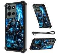 HJCYXJLK for Moto G Power 5G 2025 Case,Heavy Duty Shockproof Bumper Cover,Magnetic Back & Kickstand,Wrist Strap, Rugged Protective Phone Case for Moto G Power 2025,Blue Fire Skull Spirit Rider