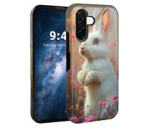 HJCYXJLK for Samsung Galaxy A17 Case,Shockproof Dual Layer Silicone, Glossy Hard Shell with Flower Field White Rabbit Cover,Wireless Charging Compatible,Durable Protection for A17