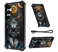 HJCYXJLK for Samsung Galaxy S24/S25 Case, Heavy Duty Shockproof Bumper Cover, Magnetic Back & Kickstand, Wrist Strap, Rugged Protective Phone Case for S24/S25, Cyber Cat Mechanism