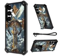 HJCYXJLK for Samsung Galaxy S24/S25 Case, Heavy Duty Shockproof Bumper Cover, Magnetic Back & Kickstand, Wrist Strap, Rugged Protective Phone Case for S24/S25, White Dove Cross