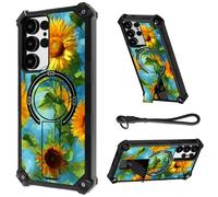 HJCYXJLK for Samsung Galaxy S24 Ultra Case, Heavy Duty Shockproof Bumper Cover, Magnetic Back & Kickstand, Wrist Strap, Rugged Protective Phone Case for S24 Ultra, Sunflowers Oil Painting
