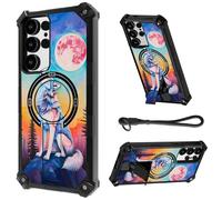 HJCYXJLK for Samsung Galaxy S24 Ultra Case, Heavy Duty Shockproof Bumper Cover, Magnetic Back & Kickstand, Wrist Strap, Rugged Protective Phone Case for S24 Ultra, Wolf Moon Serenade
