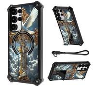 HJCYXJLK for Samsung Galaxy S24 Ultra Case, Heavy Duty Shockproof Bumper Cover, Magnetic Back & Kickstand, Wrist Strap, Rugged Protective Phone Case for S24 Ultra, White Dove Cross