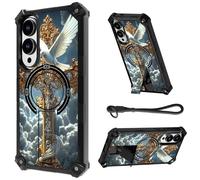 HJCYXJLK for Samsung Galaxy S25 Edge Case, Heavy Duty Shockproof Bumper Cover, Magnetic Back & Kickstand, Wrist Strap, Rugged Protective Phone Case for S25 Edge, White Dove Cross