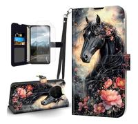 HJCYXJLK for TCL 60 SE/605 Case, Flip PU Leather Shockproof Phone Case for TCL 60 SE/605, Phone Wallet with Magnetic Clasp Card Holder,Screen Protector, Floral Black Horse Dream