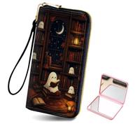 HJCYXJLK Long Wallet for Women,Candlelight Ghost Book Nook Wristlet Wallet | PU Leather with Zipper Credit Card Holder Pocket Business Stylish Convenient Travel Wallet with Wrist strap and Pink Mirror