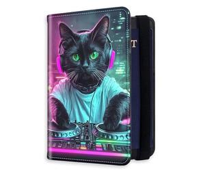 HJCYXJLK RFID Blocking Passport Holder for Travel, Passport Cover Case for Travel Document Organizer Passport Card Holder, Passport Wallet with Card Slots for Men & Women 8, DJ Cat Neon City, 8.5*5.6