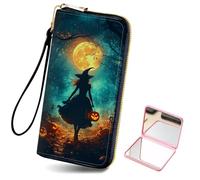 HJCYXJLK Women's Card Holder Wristlet Wallet, Convenient Travel Long Wallet with Strap and Pink Compact Mirror, Fashion and Sturdy Wristlet Long Purse for Women-L11, Hallowmas Witch, Modern